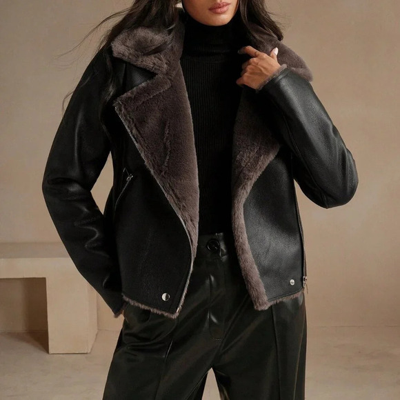 Black Casual Women's Faux Leather Composite Collar Jacket - Picture 7 of 7